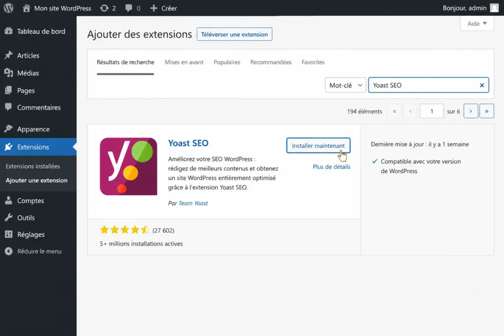 Yoast SEO : Configurer et maîtriser le plugin SEO WordPress en 2026 1 Capture de lecran dinstallation de Yoast SEO dans le tableau de bord WordPress